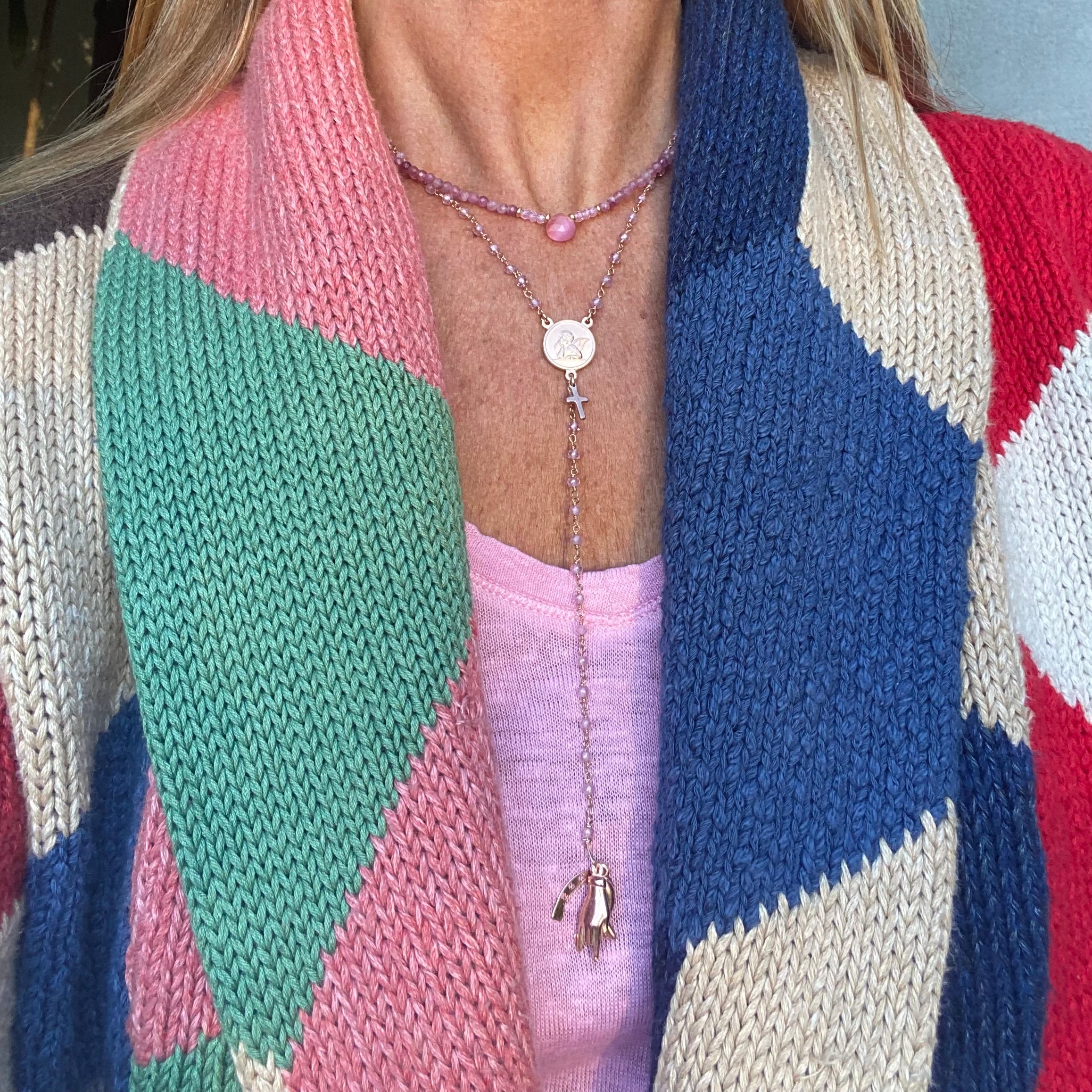 Rosario Amuleto Zircone Rosa