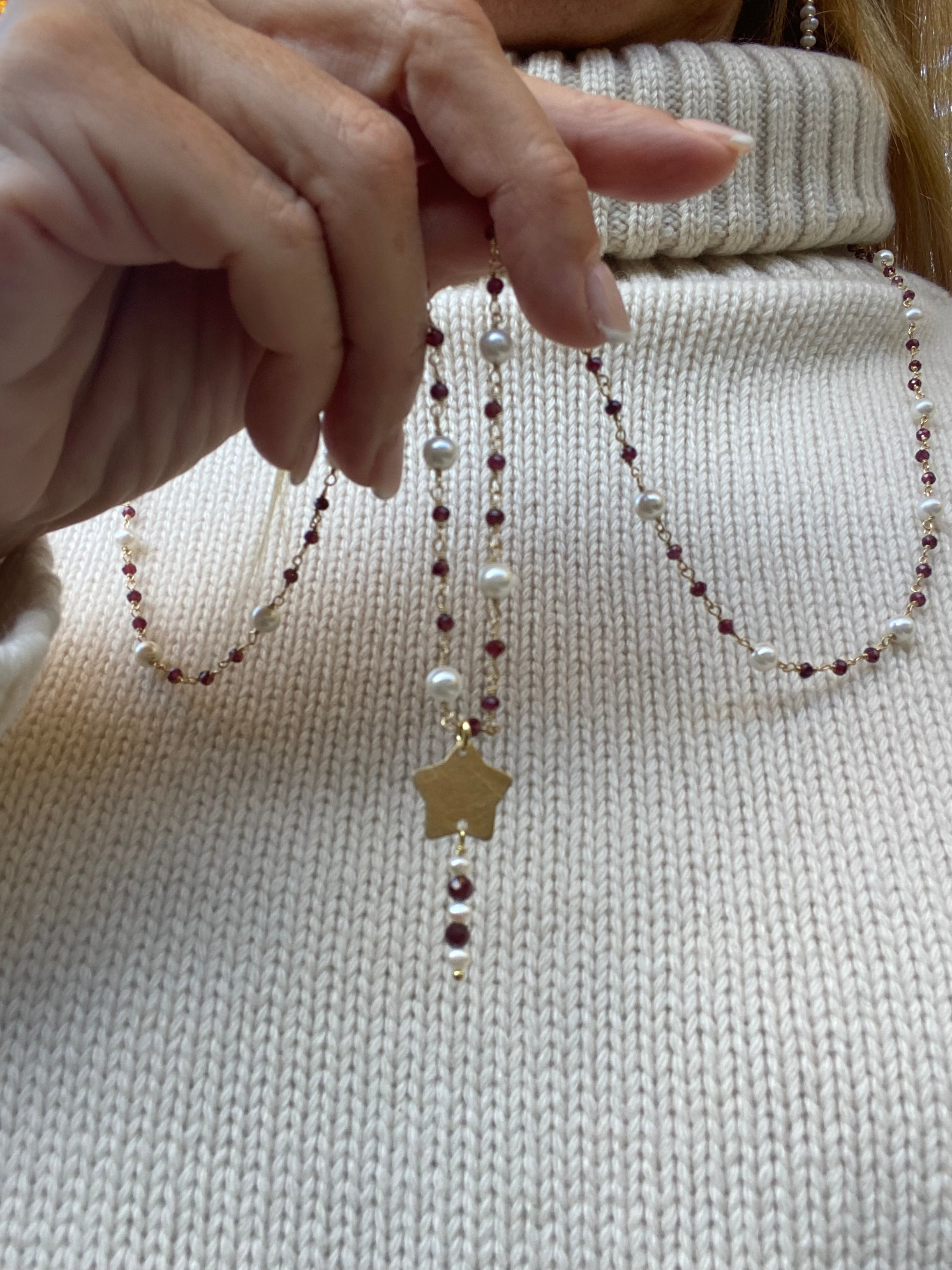 Collana Lunga Bacchetta Magica Perle e Granato
