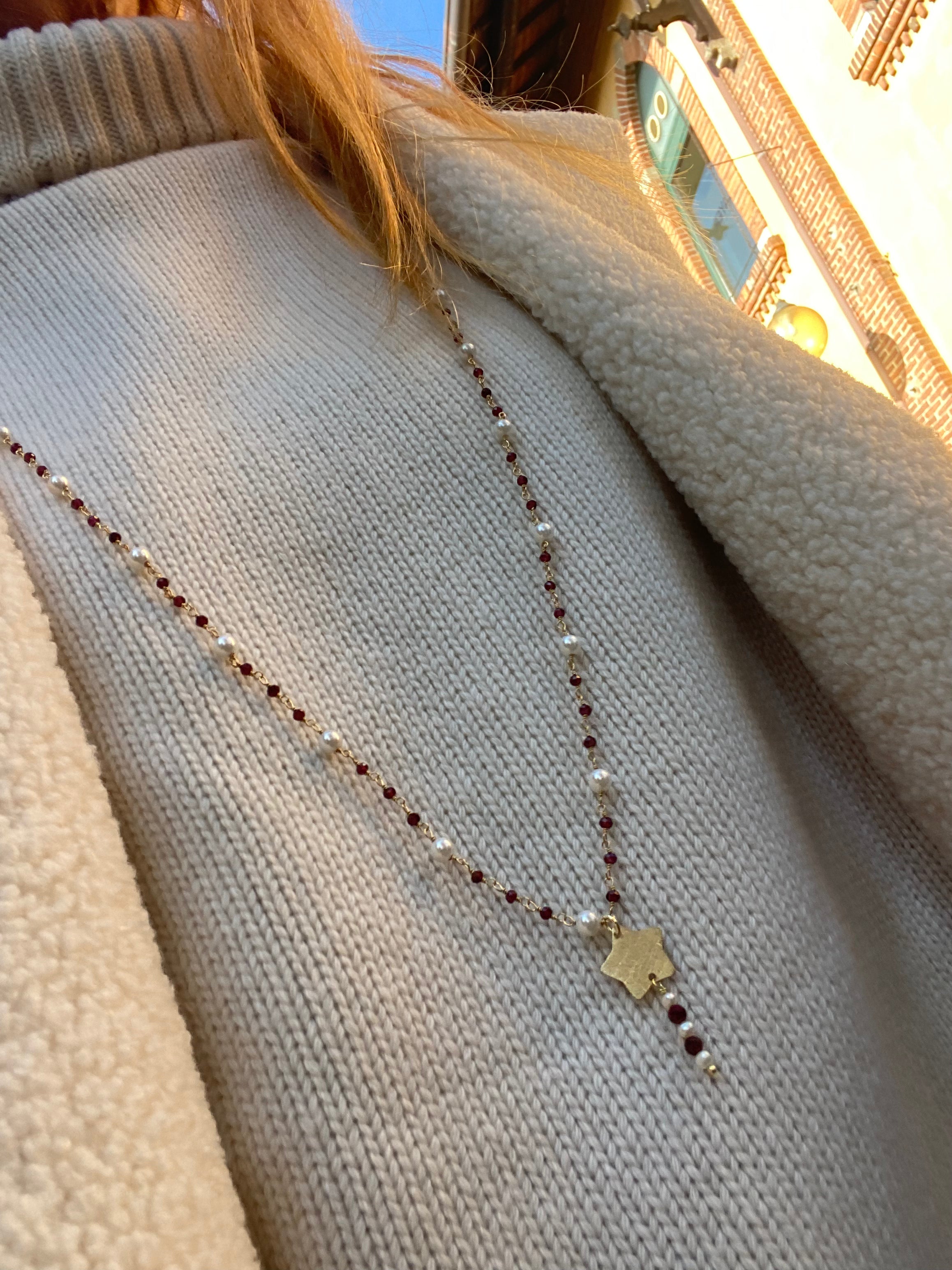 Collana Lunga Bacchetta Magica Perle e Granato