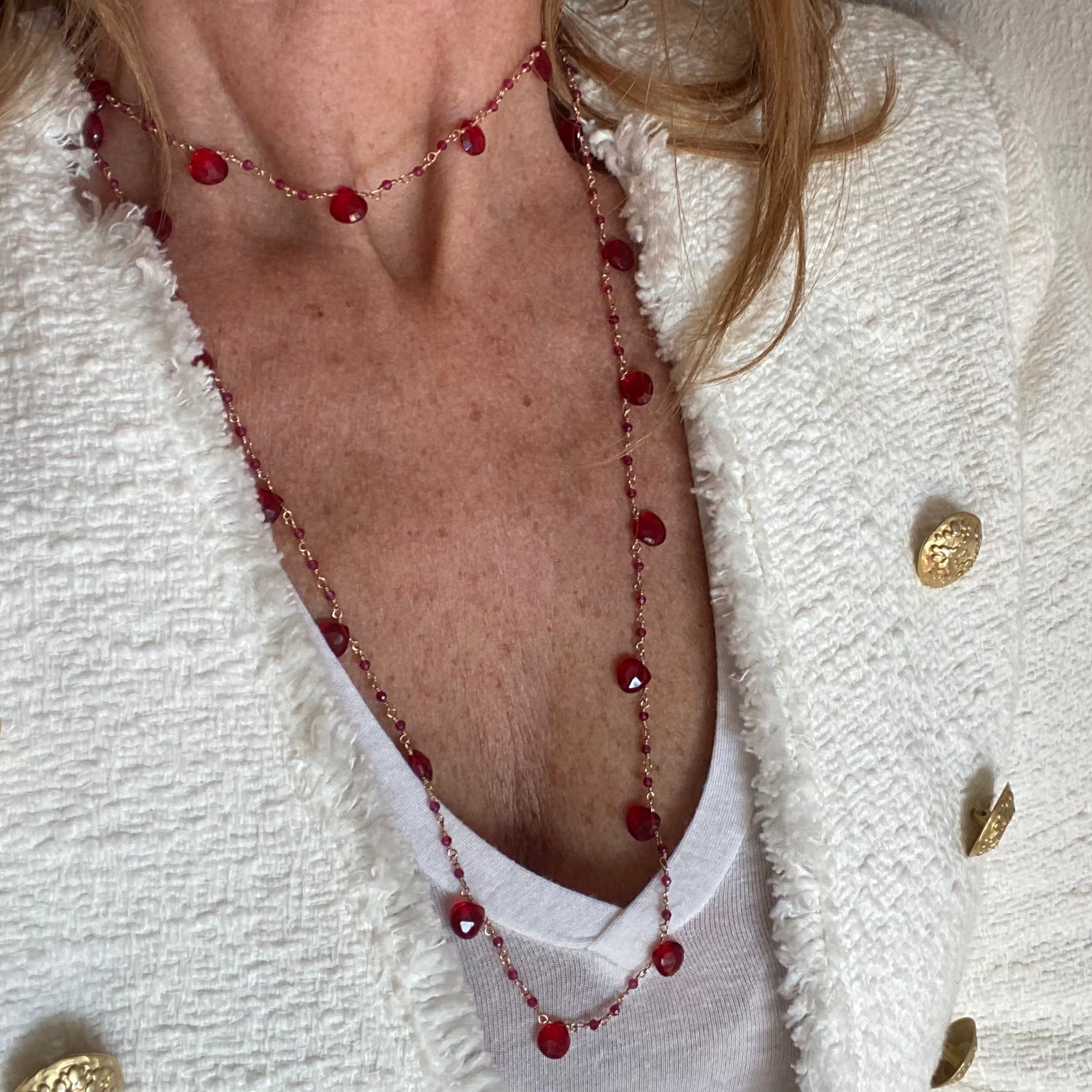 Collana lunga Rosario a Gocce di Quarzo Rosso