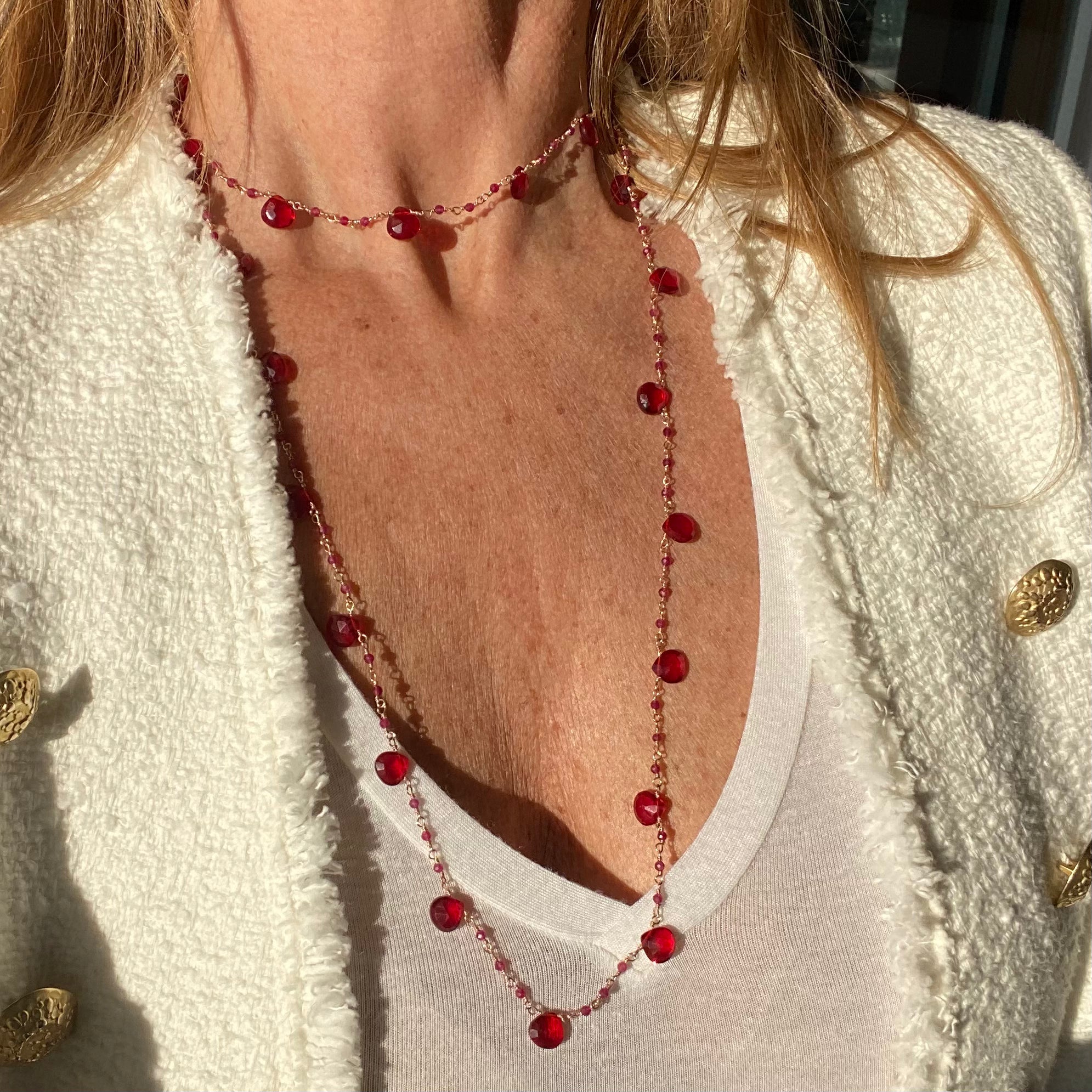 Collana lunga Rosario a Gocce di Quarzo Rosso