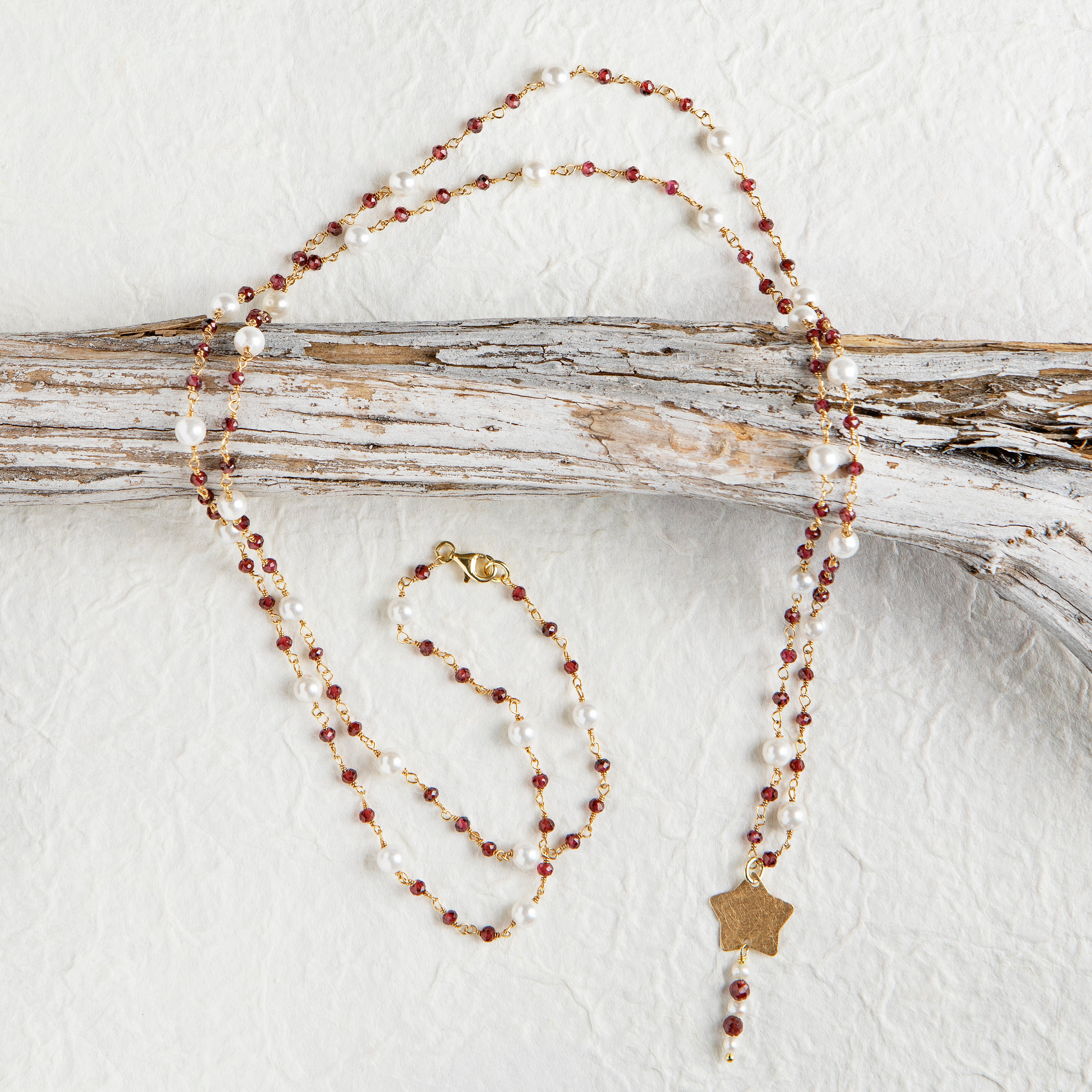 Collana Lunga Bacchetta Magica Perle e Granato